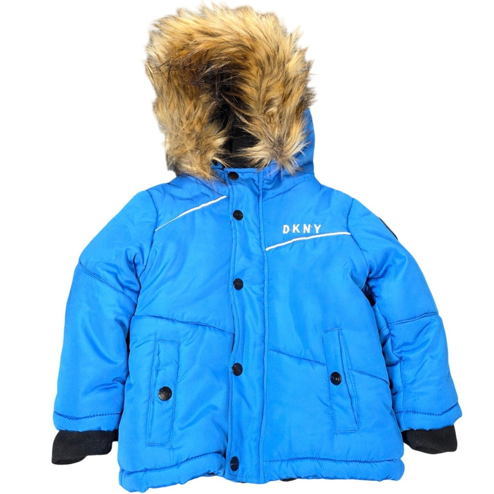 DKNY Heavyweight Puffer Jacket Boy's Size 3T Blue Faux Fur Trim Hood Fleece Line